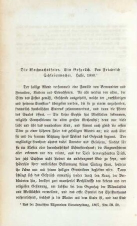 Die Weihnachtsfeier. Ein Gespräch. Von Friedrich Schleimacher. Halle, 1806