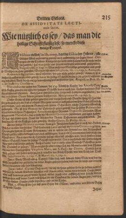 De Assiduitate Lectionis sacrae. Wie nützliche es sey/ das man die heilige Schrifft fleissig lese ...