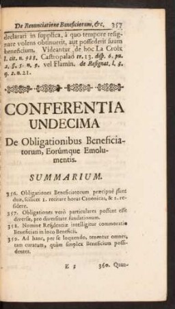 Conferentia Undecima De Obligationibus Beneficiatorum, Eorùmque Emolumentis