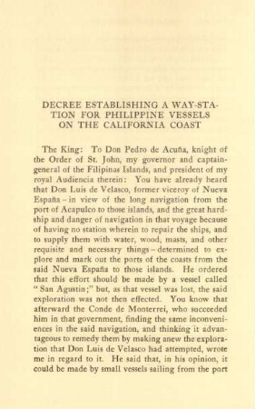 Decree establishing a way-station for Philippine vessels on the California coast