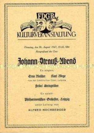 Programmblatt zu einem Musik-Abend mit Werken von Johann Strauß