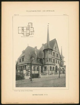 Villa Hugo Hartung, Berlin-Grunewald: Grundriss, Ansicht (aus: Die Villenkolonie Grunewald, hrsg. von Egon Hessling, Berlin 1903)