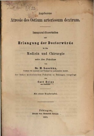 Angeborene Atresie des Ostium arteriosum dextrum : Inaug. Diss. Mit 1 Kupfertafel