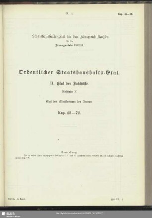 II. Etat der Zuschüsse. Abschnitt F. Etat des Ministeriums des Innern. Kap. 42-72
