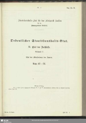 II. Etat der Zuschüsse. Abschnitt F. Etat des Ministeriums des Innern. Kap. 42-72