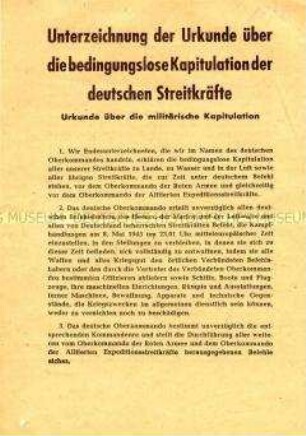 Flugblatt mit dem Text der Urkunde zur bedingungslosen Kapitulation der deutschen Streitkräfte vom 08.05.1945
