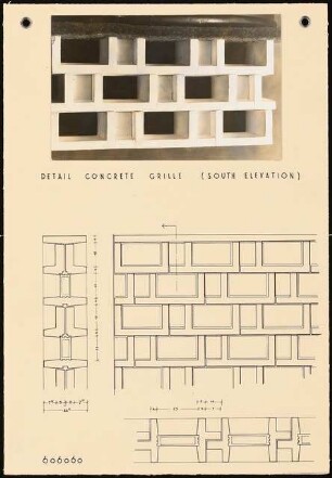 New Central National Bank of Iraq, Bagdad: Detail Concrete Grille, Ansicht, Detail, 2 Schnitte Detail, 1:10, (von Inv.nr. 39324)