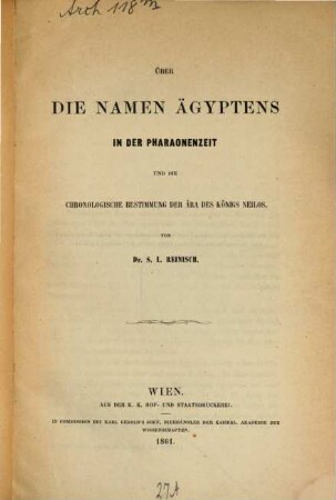 Über die Namen Ägyptens in der Pharaonenzeit und die chronologische Bestimmung der Ära des Königs Neilos
