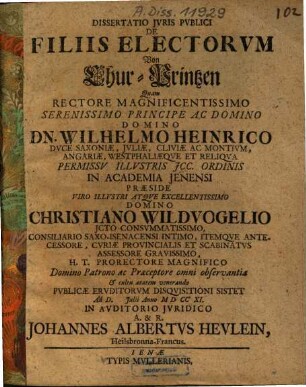 Dissertatio Jvris Pvblici De Filiis Electorvm : = Von Chur-Printzen