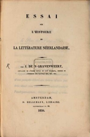 Essai sur l'histoire de la littérature Neerlandaise