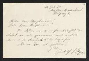 Brief von Rudolf Kayser an Gerhart Hauptmann und Margarete Hauptmann
