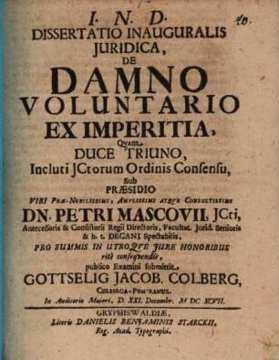 Diss. inaug. iur. de damno voluntario ex imperitia