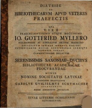 Diatribe De Bibliothecarvm Apvd Veteres Praefectis