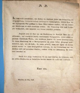Ich habe mich entschlossen, mit Anfang des künftigen Julius eine Fortsetzung des allgemeinen, litterärischen Anzeigers herauszugeben ... : München im May 1806