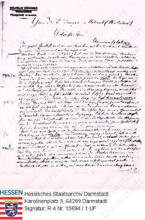 Büchner, Wilhelm (1816-1892) / Brief Wilhelm Büchners an Karl Emil Franzos: Scheveningen, über die Flucht seines Bruders Georg Anfang März 1835
