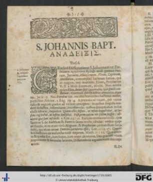 S. Johannis Bapt. Anadeixis Thes. I - XXXVIII.