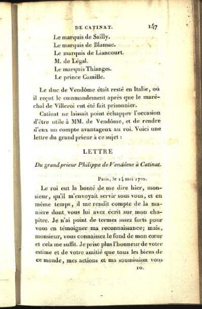 Lettre Du grand prieur Philippe de Vendôme à Catinat.