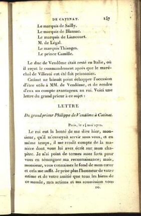 Lettre Du grand prieur Philippe de Vendôme à Catinat.