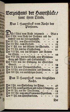 Verzeichnus der Hauptstücke, samt ihren Tituln.