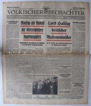 Tageszeitung "Völkischer Beobachter" u.a. zur Regierungsumbildung in Großbritannien (Halifax Außenminister)