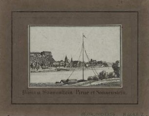 Ansicht von Pirna, Litho, um 1840? : Pirna u. Sonnenstein = Pirne et Sonnenstein. - [S.l.] , [um 1840?]. - 1 Kunstbl. : Lith. ; 7 x 5 cm