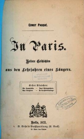 In Paris : Heitere Geschichten aus den Lehrjahren eines Sängers, 1