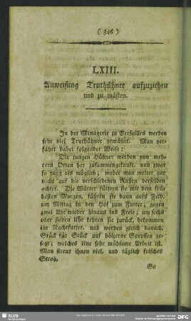 LXIII. Anweisung Truthühner aufzuziehen und zu mästen