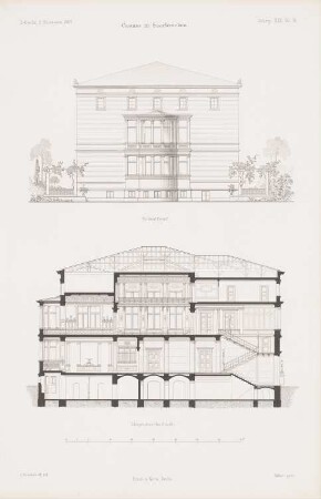 Kasino, Saarbrücken: Ansicht von Süden, Längsschnitt (aus: Atlas zur Zeitschrift für Bauwesen, hrsg. v. G. Erbkam, Jg. 19, 1869)