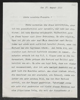Brief von Fritz von Unruh an Margarete Hauptmann, geschrieben von Unbekannt
