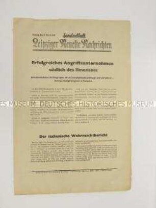 Sonderblatt der "Leipziger Neuesten Nachrichten" mit Kurzmeldungen von verschiedenen Kriegsschauplätzen u.a. über den deutschen Luftangriff auf Handelsschiffe vor der nordafrikanischen Küste
