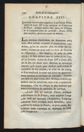 Chapitre XXXI. Quatrième tentative pour supplanter le cardinal de Fleuri. Lettre de Louis XIV à son successeur sur le ministère de Fleuri ...