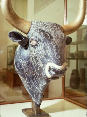 Stierkopfrhyton aus Knossos : Iraklion. Archäologisches Museum. Stierkopfrhyton aus dem kleinen Palast in Knossos. Haupt allein 20,6 cm. Steatit. P63