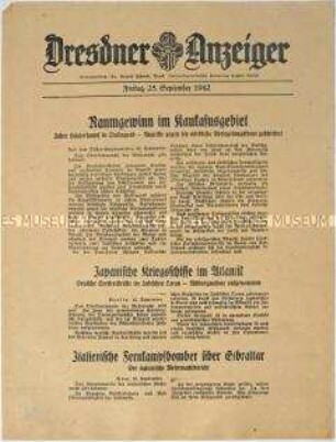 Nachrichtenblatt "Dresdner Anzeiger" mit Meldungen des Oberkommandos der Wehrmacht und des italienischen Oberkommandos u.a. zur Schlacht um Stalingrad