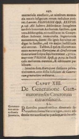 Caput XIII. De Generatione Gammarorum seu Cancrorum extraordinaria.