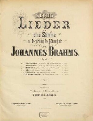 Sechs Lieder : für 1 Stimme mit Begl. d. Pianoforte ; op. 85