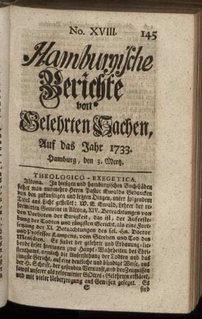 No. XVIII. Hamburg, den 3. Mertz 1733. - No. XXVI. Hamburg, den 31. Mertz 1733.