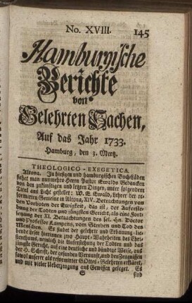 No. XVIII. Hamburg, den 3. Mertz 1733. - No. XXVI. Hamburg, den 31. Mertz 1733.