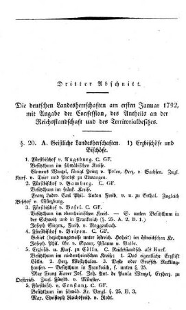 Dritter Abschnitt. Die deutschen Landesherrschaften am ersten Januar 1792, mit Angabe der Confession, des Antheils an der Reichsstandschaft und des Territorialbesitzes.