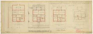 Wohnhaus Gertrud Beneke, Berlin-Westend: Grundrisse Kellergeschoss, Erdgeschoss, Obergeschoss, Dachgeschoss 1:100, Ansicht Vorgartenzaun