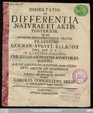 Dissertatio De Differentia Natvrae Et Artis Posterior