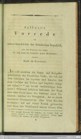 Sallust's Vorrede zu seiner Geschichte der Römischen Republik, von der Dictatur des Sulla bis zum Zuge des Pompejus gegen Mithridates