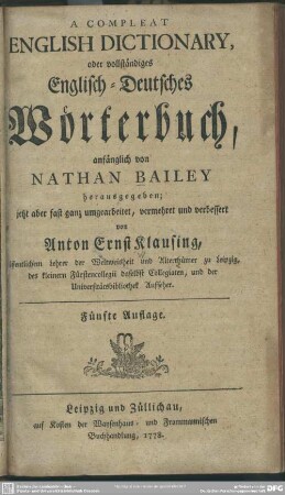 A Compleat English Dictionary, oder vollständiges Englisch-Deutsches Wörterbuch