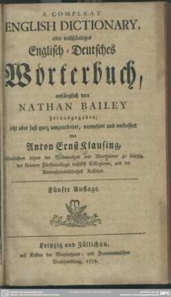 A Compleat English Dictionary, oder vollständiges Englisch-Deutsches Wörterbuch