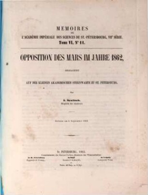 Opposition des Mars im Jahre 1862 : beobachtet auf der kleinen akademischen Sternwarte zu St. Petersburg