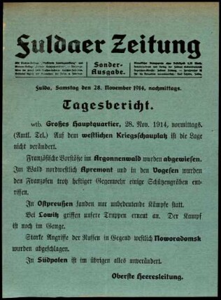 Erste Ausgabe vom Samstag, den 28. November 1914.