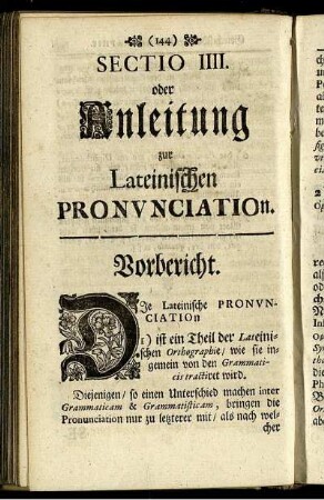 Sectio IIII. oder Anleitung zur Lateinischen Pronunciation.