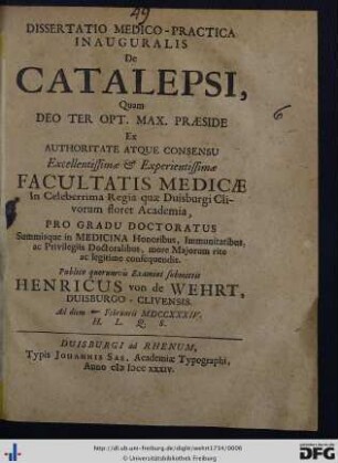 Dissertatio Medico-Practica Inauguralis De Catalepsi