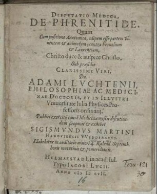 Disputatio Medica, De Phrenitide.