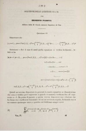 Soluzione delle questioni 52 e 54. Allievo della r. Scuola normale Superiore di Pisa.