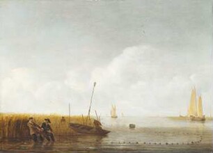 Stille See mit Fischern beim Einholen der Netze